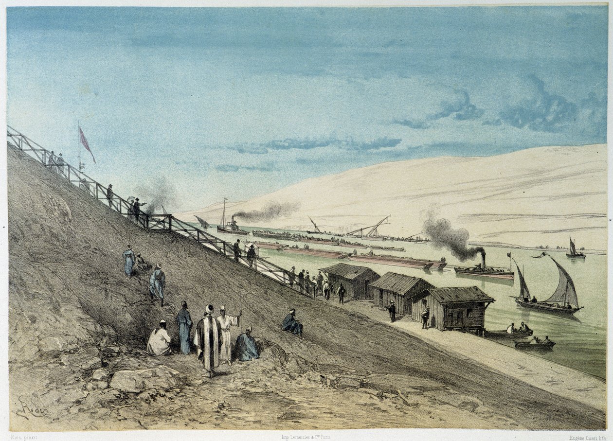 Uitzicht op het kanaal bij de Inauguratie van het Suezkanaal door G. Nicole. 1869 door Edouard Riou