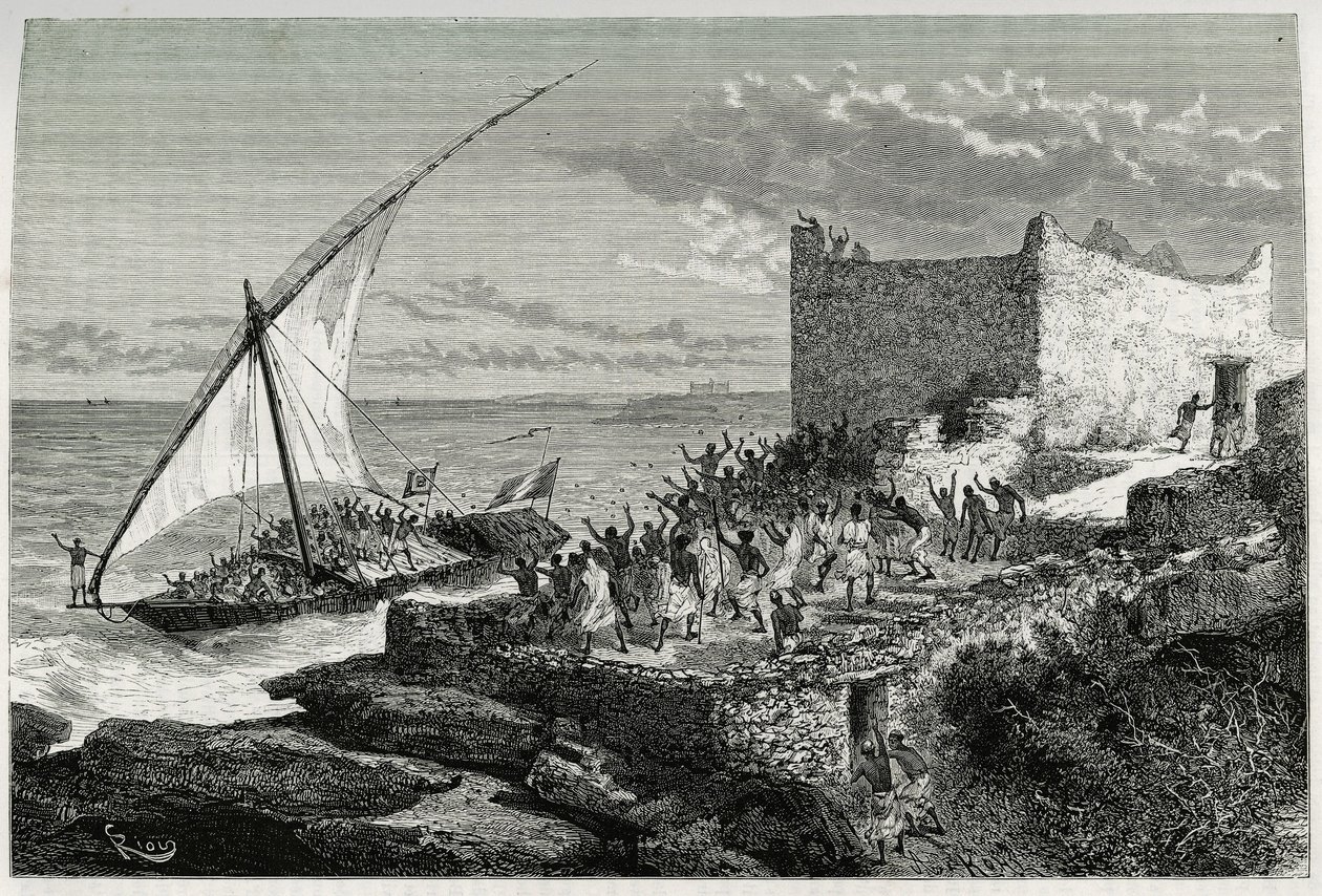 Met de mest van reizigers die de haven van Moguedouchou (Mogadishu) binnenkomen, maken zeelieden een enorm kabaal om de mensen aan te trekken die hen met enthousiaste kreten verwelkomen. Gravure door Riou, ter illustratie van het verhaal 