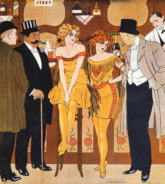 Karikatuur van prostituees met hun klanten, uit 