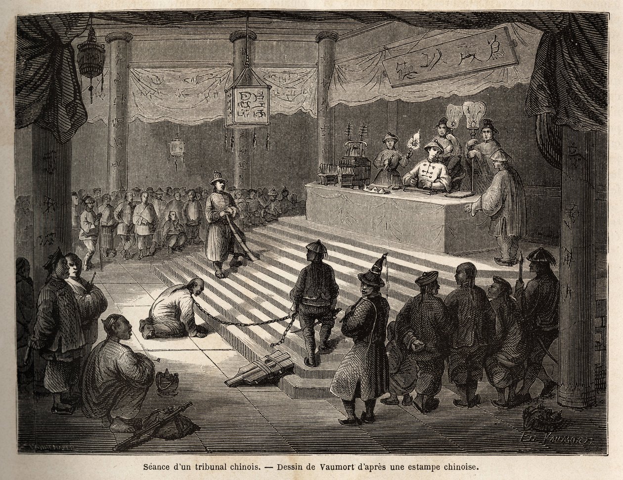 Een Chinese rechtbank, de beschuldigde verschijnt voor de rechtbank omringd door een gendarme die hem geketend houdt en zijn beul. Illustratie van de reis van Shanghai naar Moskou van 1859 tot 1862 van M. de Bourboulon, Frans minister in China door Edouard Vaumort