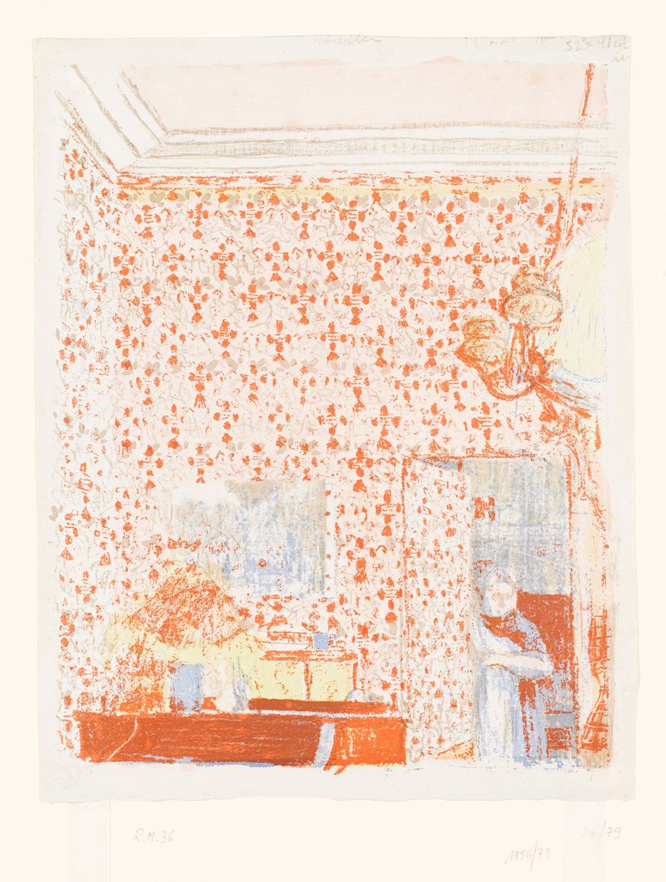 Interieur met roze behang I door Edouard Vuillard