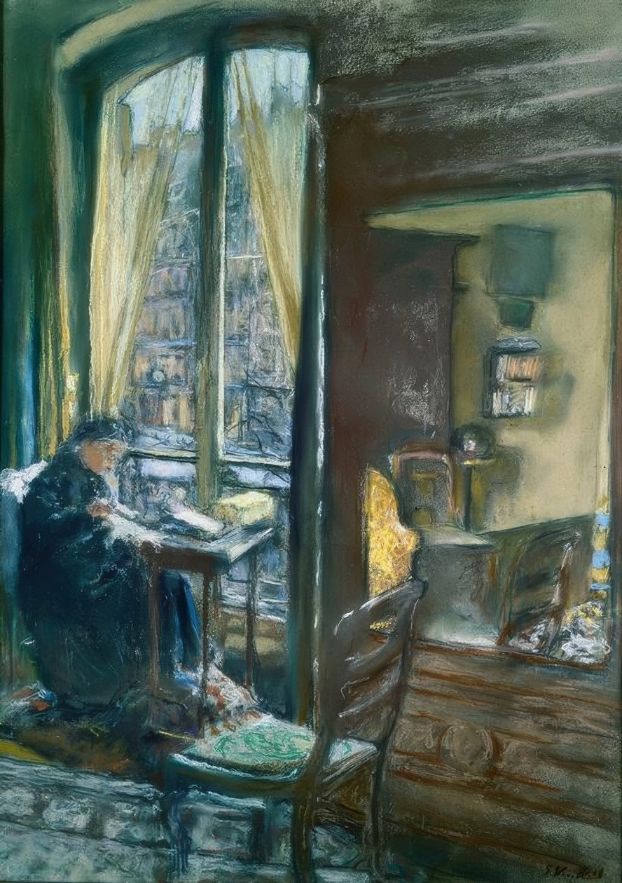 Madame Vuillard naait bij het Raam, rue de Calais door Edouard Vuillard