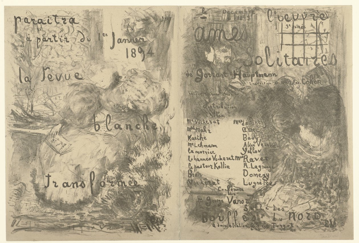 Omslag voor programmaboekje met advertentie voor La Revue Blanche en aankondiging van toneelstuk Ames solitaires door Edouard Vuillard