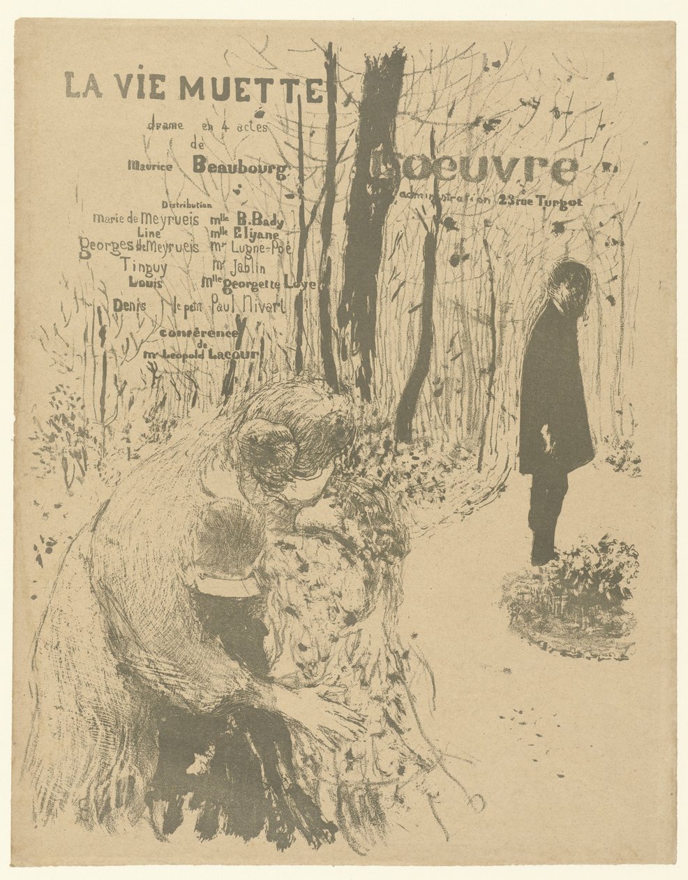 Omslag voor programmaboekje met vrouw met twee kinderen en man in park voor toneelstuk La vie muette door Edouard Vuillard