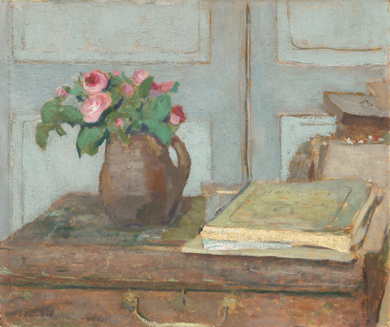 De verfkist van de kunstenaar en mosrozen door Edouard Vuillard