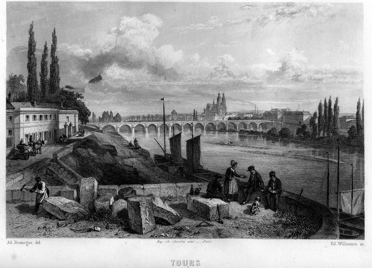 Stadsgezicht van Tours, Indre-et-Loire, Centre, Frankrijk. Gravure door Willmann in 