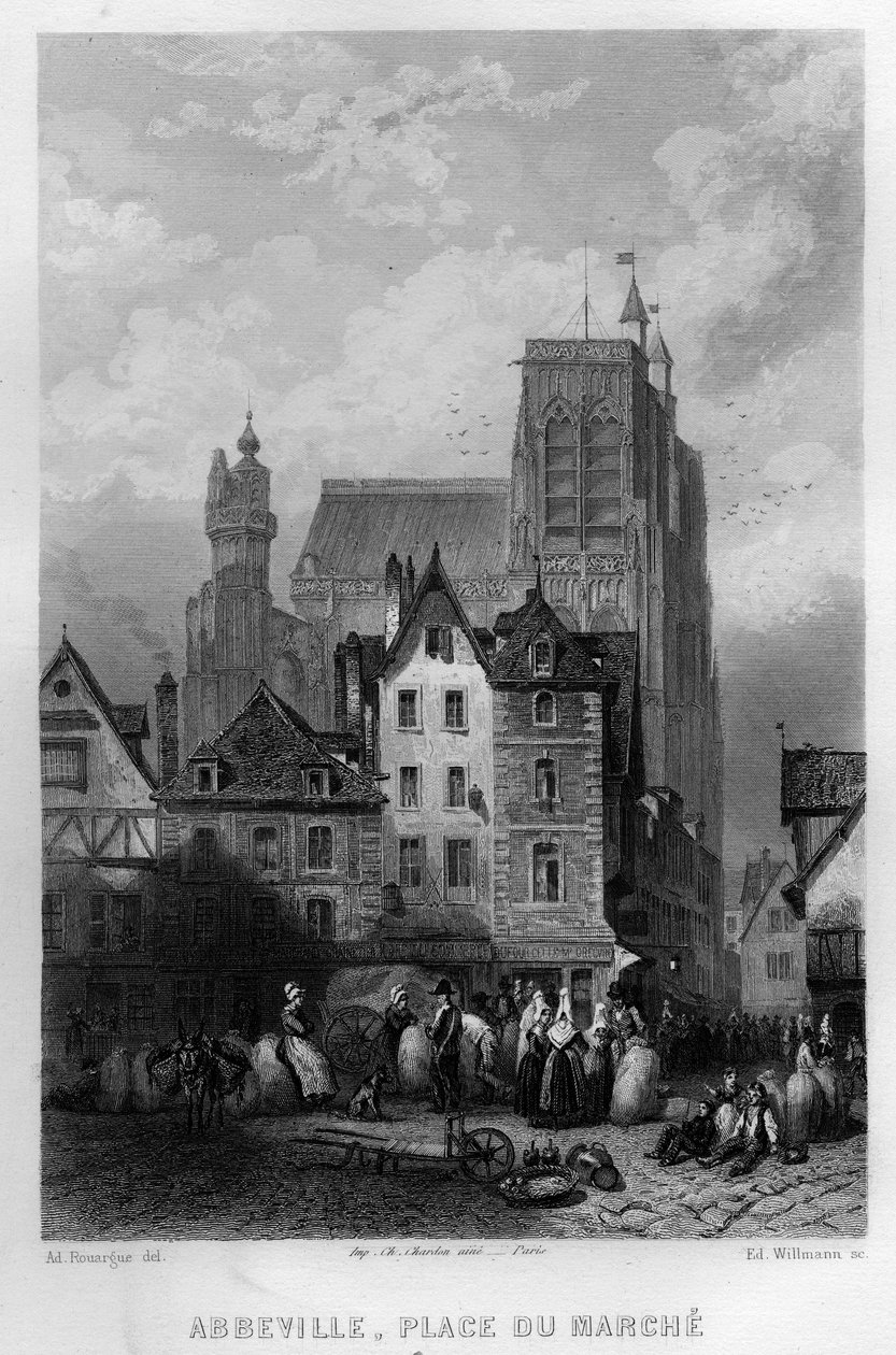 Marktplaats van de stad Abeville, Somme, Picardië, Frankrijk. Gravure door Willmann in 