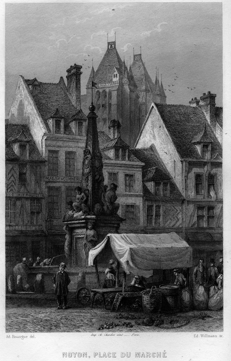 Marktplaats van de stad Noyon, Oise, Picardië, Frankrijk. Gravure door Willmann in 