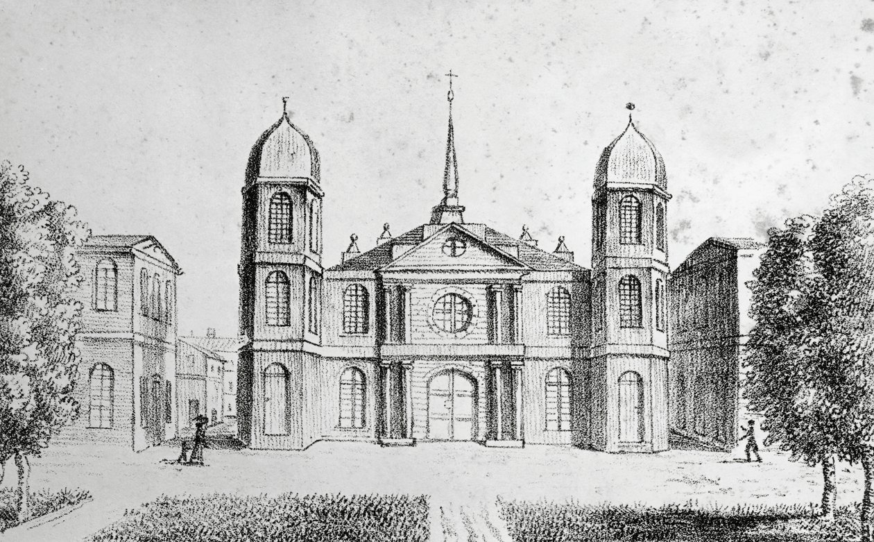 Kerk in New Orleans, Verenigde Staten, lithografie door Edouard de Montule uit Voyage to America, Italy, Sicily and Egypt door Edouard de Montule