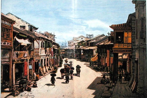 Een straat in Hong Kong in het midden van de negentiende eeuw door Eduard (after) Hildebrandt