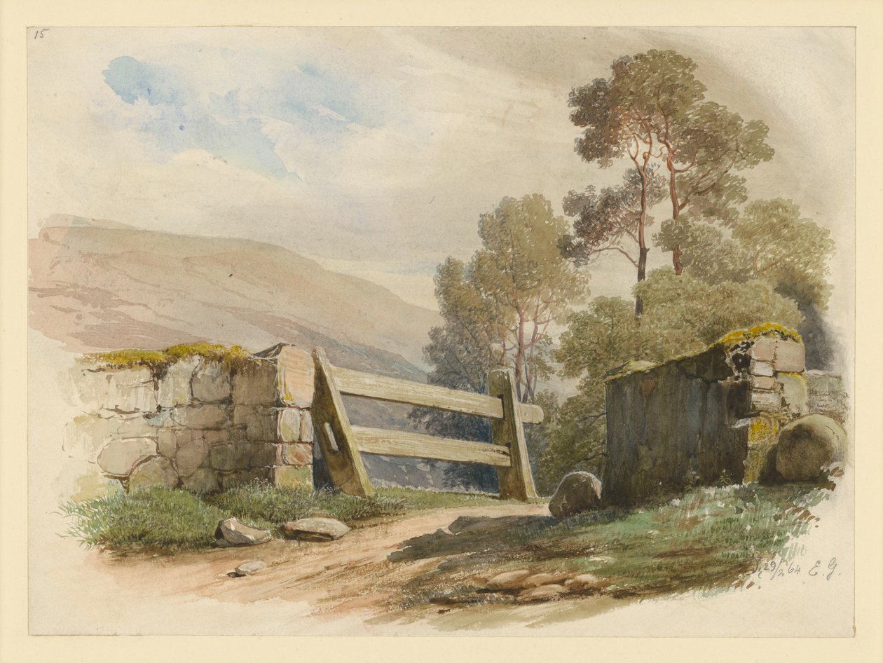 Landschap met stenen muur en poort door Eduard Gaertner