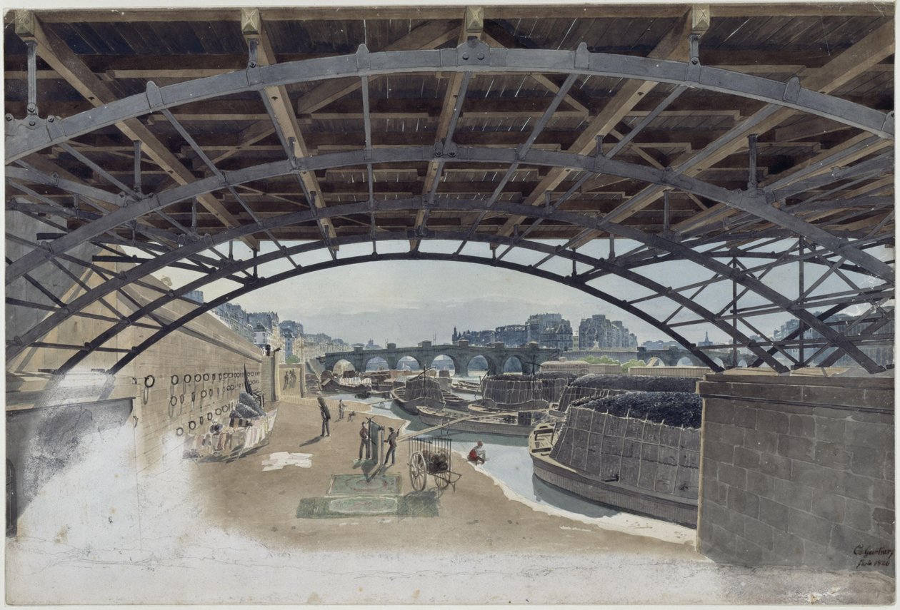 Onder de Pont des Arts, met zicht op de Pont Neuf en het Seine-eiland in Parijs door Eduard Gaertner