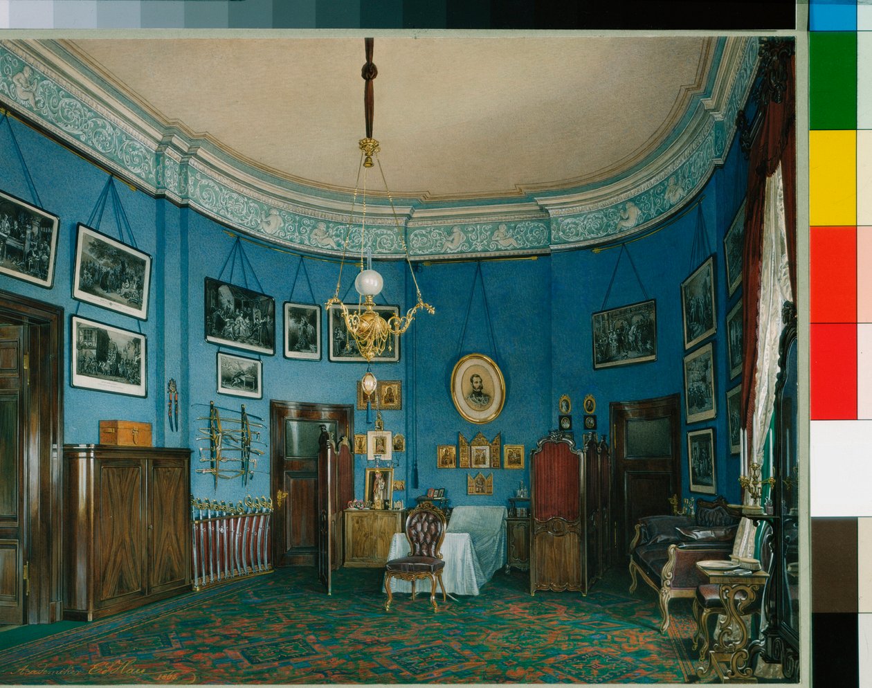 Interieurs van het Winterpaleis : De slaapkamer van kroonprins Nikolaj Aleksandrovitsj - Aquarel op papier door Eduard (Edouard) Hau (1807-1887) door Eduard Hau