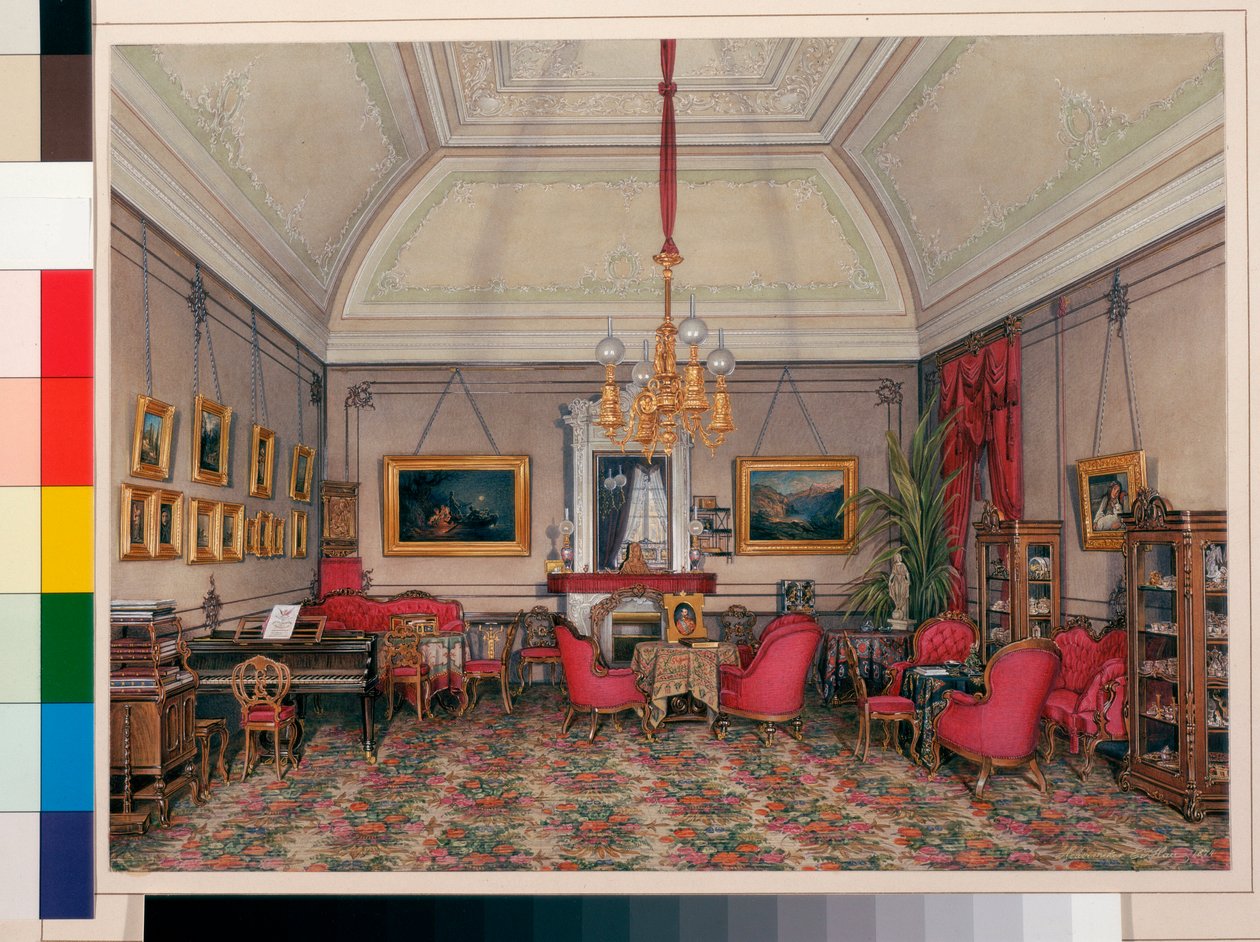 Interieurs van het Winterpaleis: Het vijfde gereserveerde appartement - De tekenkamer van Grootvorstin Maria Alexandrovna door Eduard Hau