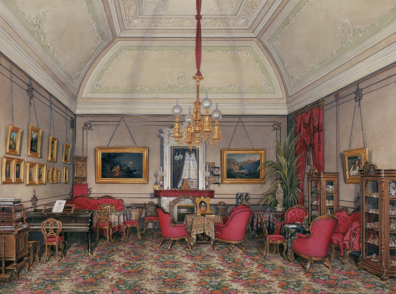 Interieurs van het Winterpaleis. Het Vijfde Gereserveerde Appartement. De Salon van Grootprinses Maria Alexandrovna, 1874 door Eduard Hau