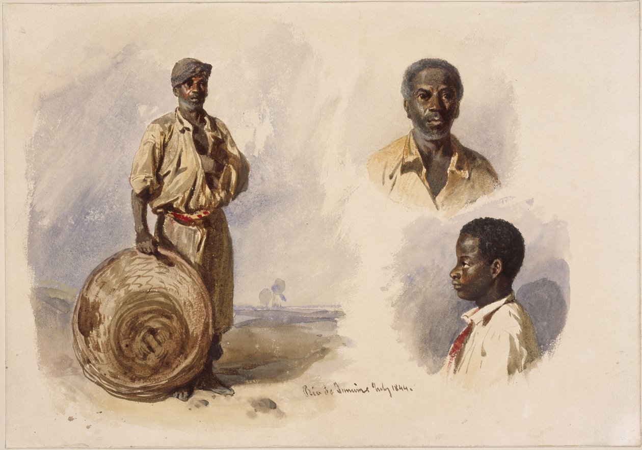 Drie portretten van Afro-Brazilianen: een volledig figuur, staand met een mand, een borstbeeld van een man van voren en dat van een jongen in profiel door Eduard Hildebrandt