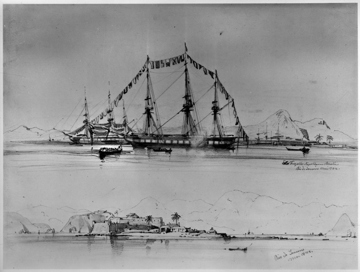 Drie-mastschip aan de kust en een aanzicht van een fort bij Rio de Janeiro door Eduard Hildebrandt