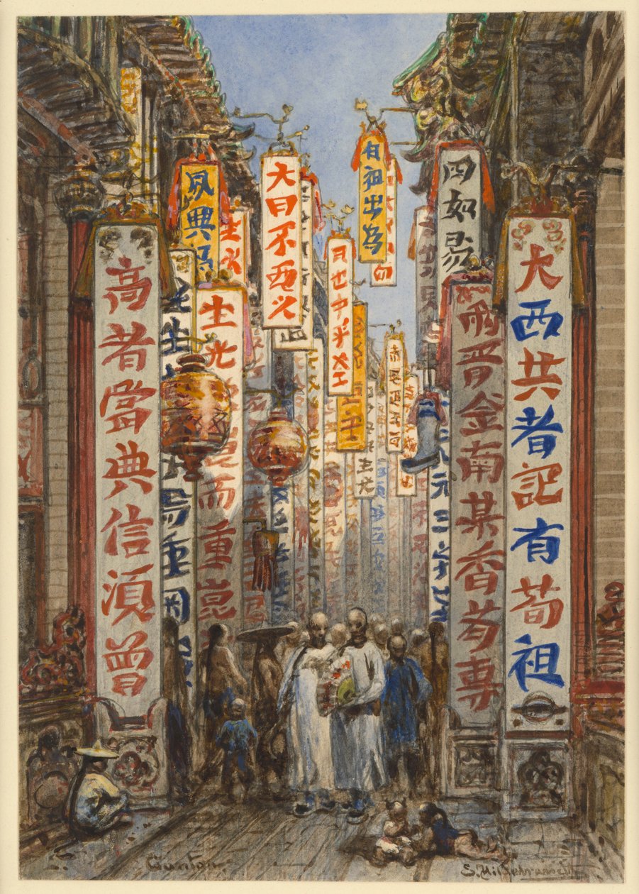 Straat in Canton door Eduard Hildebrandt