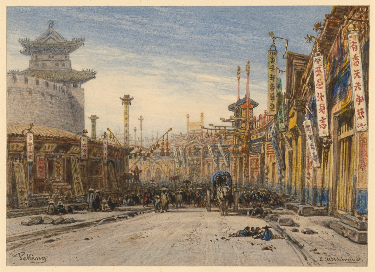 Straat in Peking door Eduard Hildebrandt