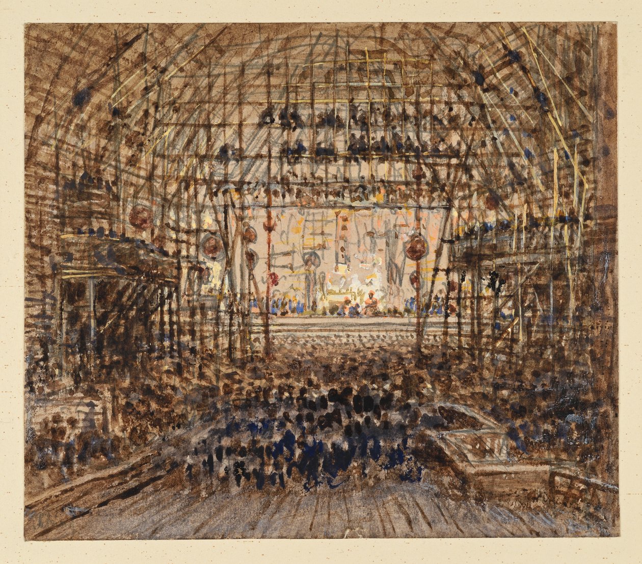 Theater in Peking. Binnenaanzicht door Eduard Hildebrandt