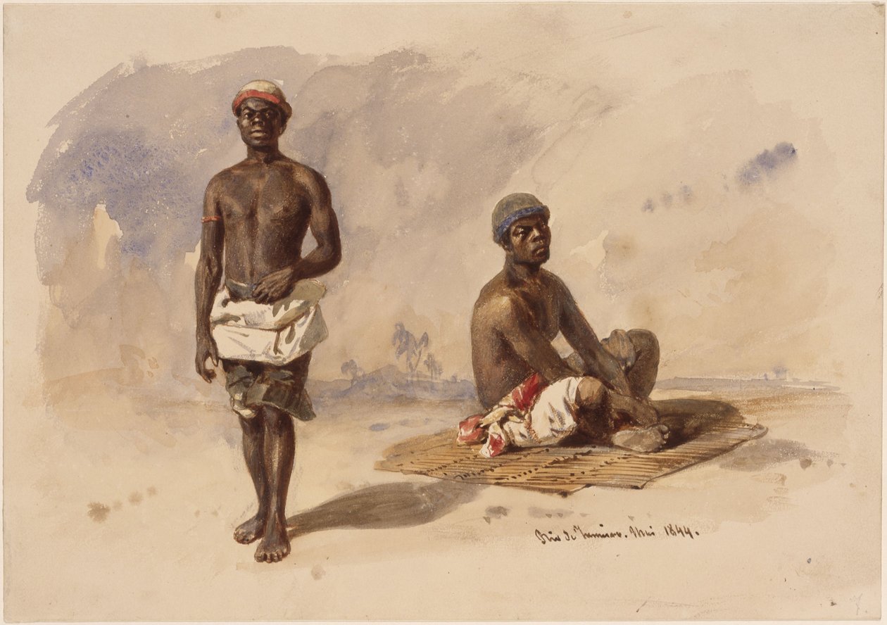 Twee Afro-Brazilianen; de een staand, en face, de ander zittend op een rieten mat door Eduard Hildebrandt