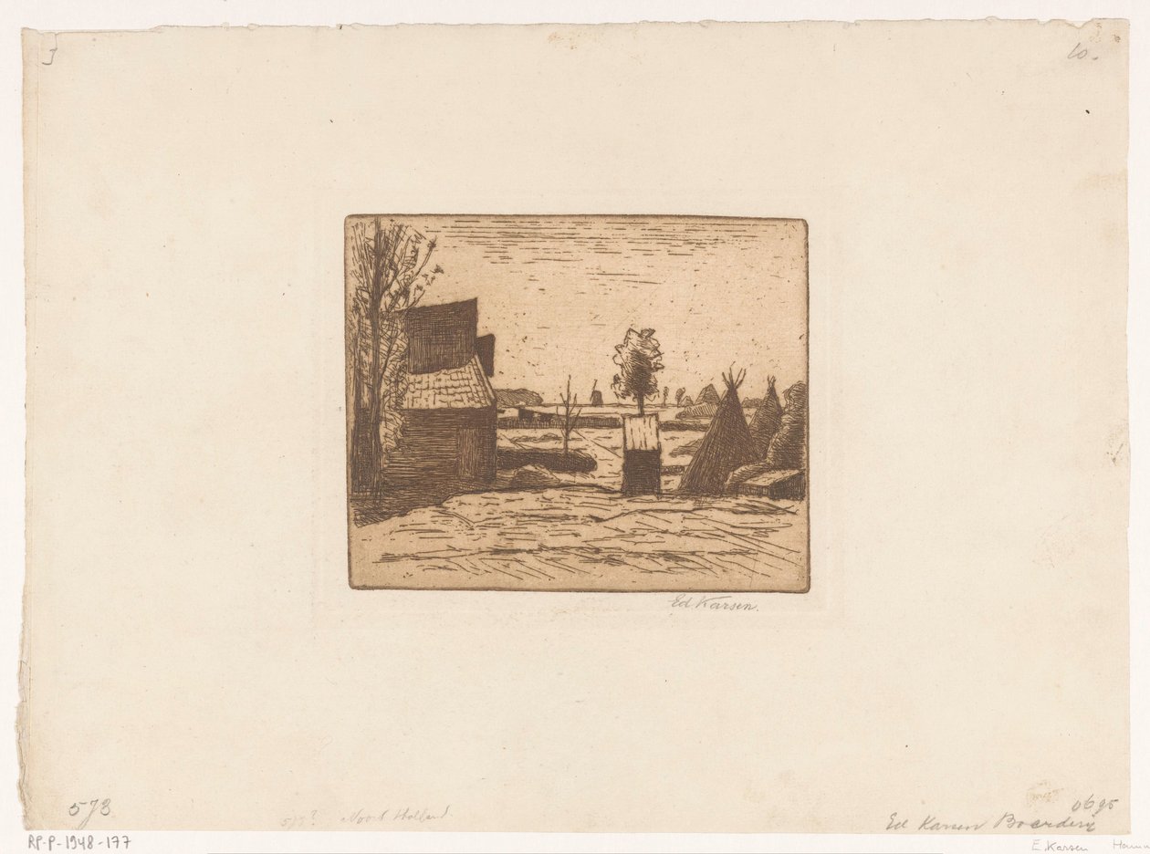 Boerenerf met schuur en hooischelven door Eduard Karsen (signed by artist)
