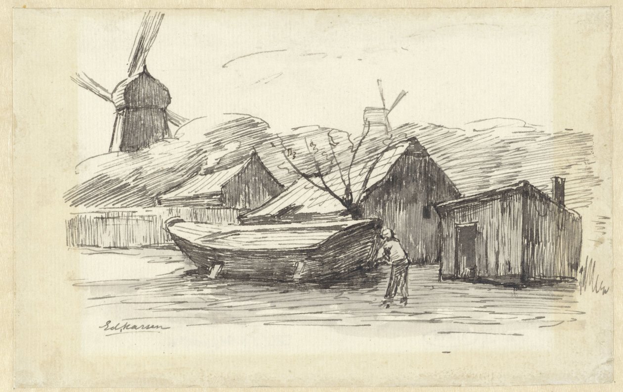 Boot, huizen en een windmolen door Eduard Karsen