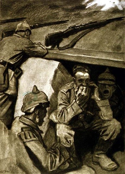 Een mondharmonica in de loopgraven, illustratie uit een Duits tijdschrift, 