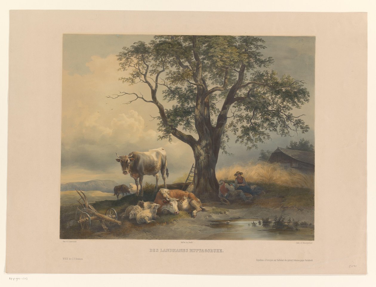 Figuren met vee rustend in een landschap door Eduard Weixlgärtner