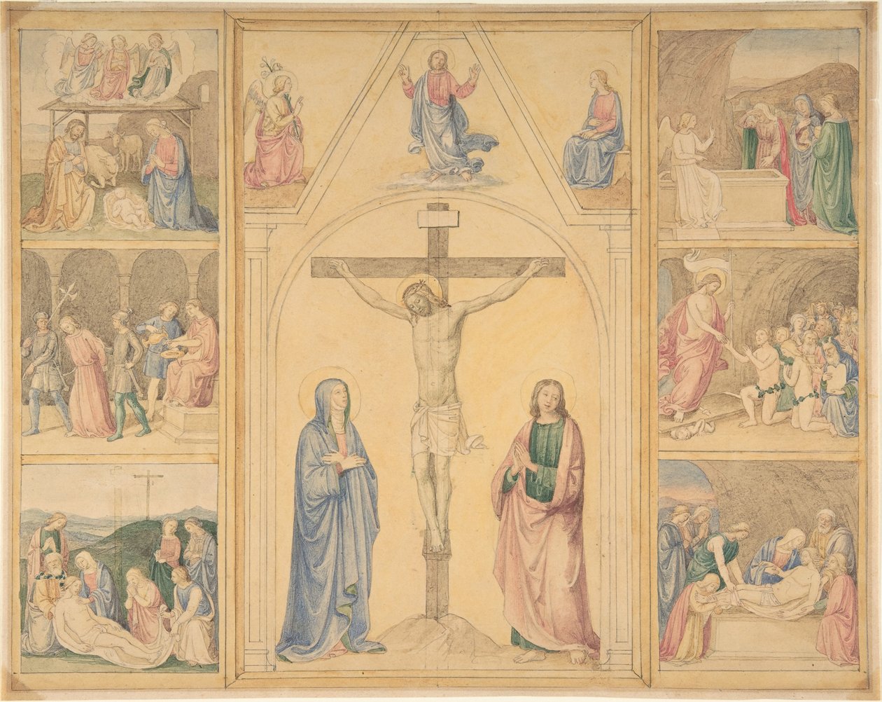 Christus aan het kruis met zes scènes uit het leven van Christus door Eduard von Steinle