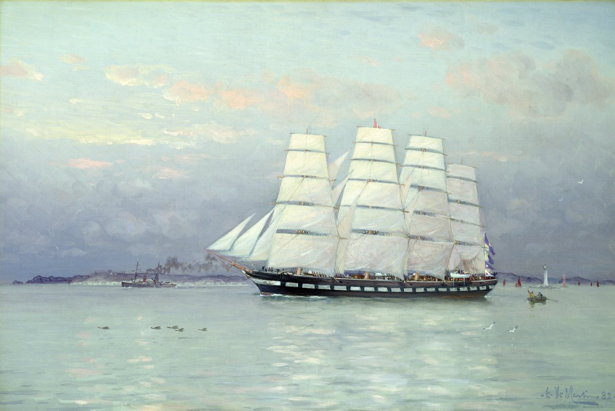 Een uitgaande schip onder volle zeilen, 1882 door Eduardo de Martino