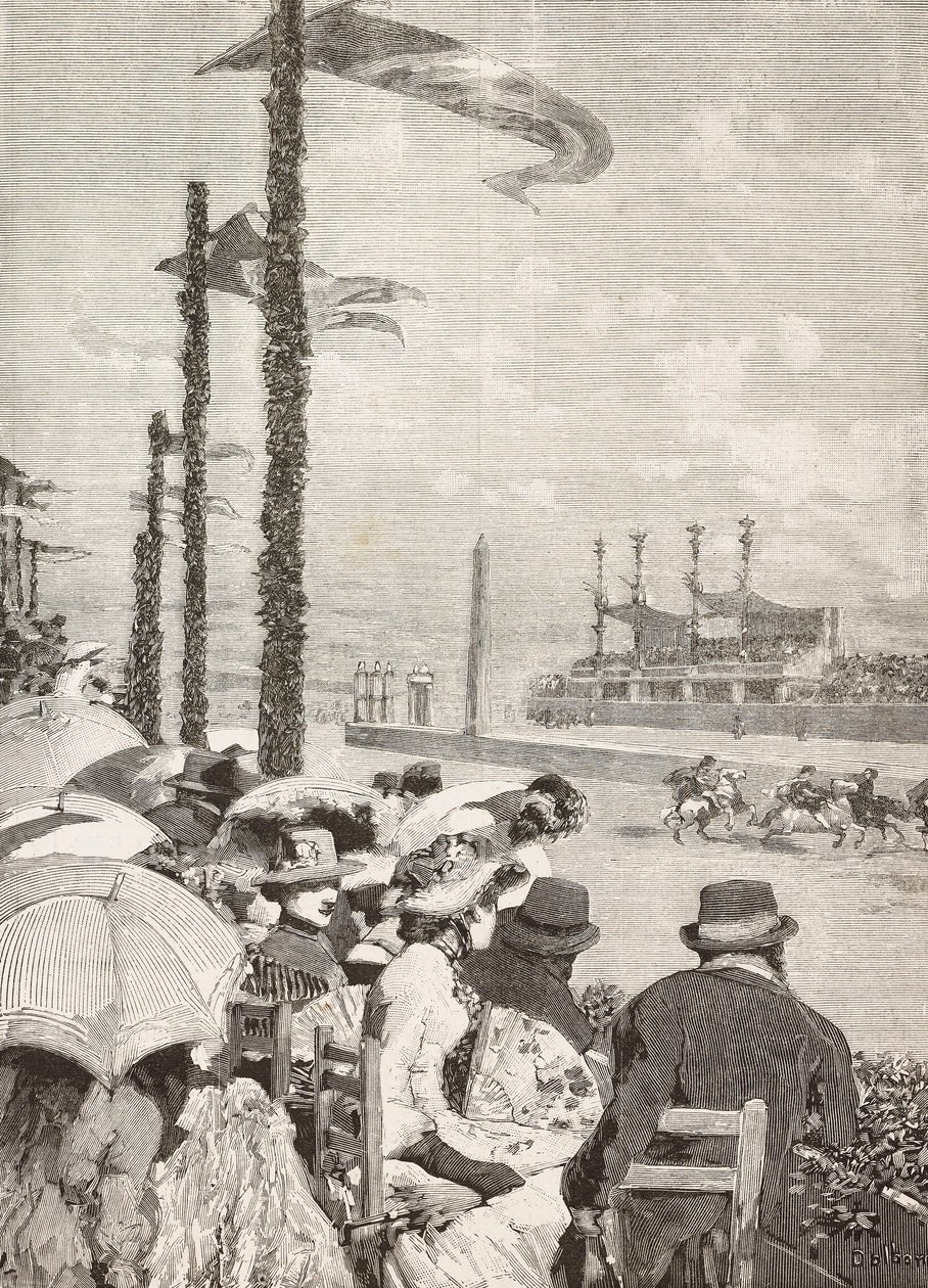 Paardenraces op de Pompeiaanse festivals, Pompeii, Italië, gravure naar tekening van Edoardo Dalbono, uit L