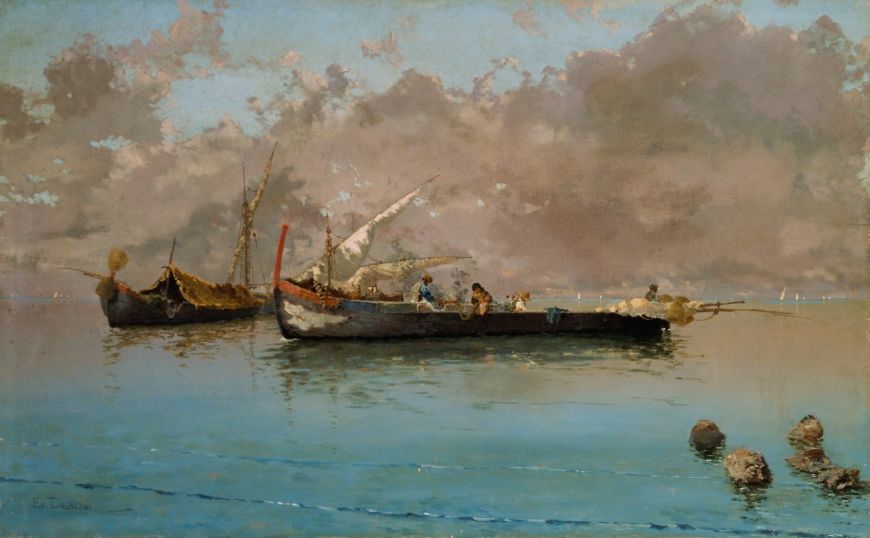 Marina met vissersboten, door Eduardo Dalbono (1841-1915), olieverf op doek, 64,5x104,5 cm door Eduardo Dalbono