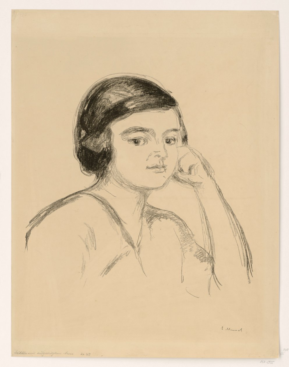 Jonge vrouw (jonge vrouw met de hand tegen de wang; meisje met gesteunde arm) door Edvard Munch