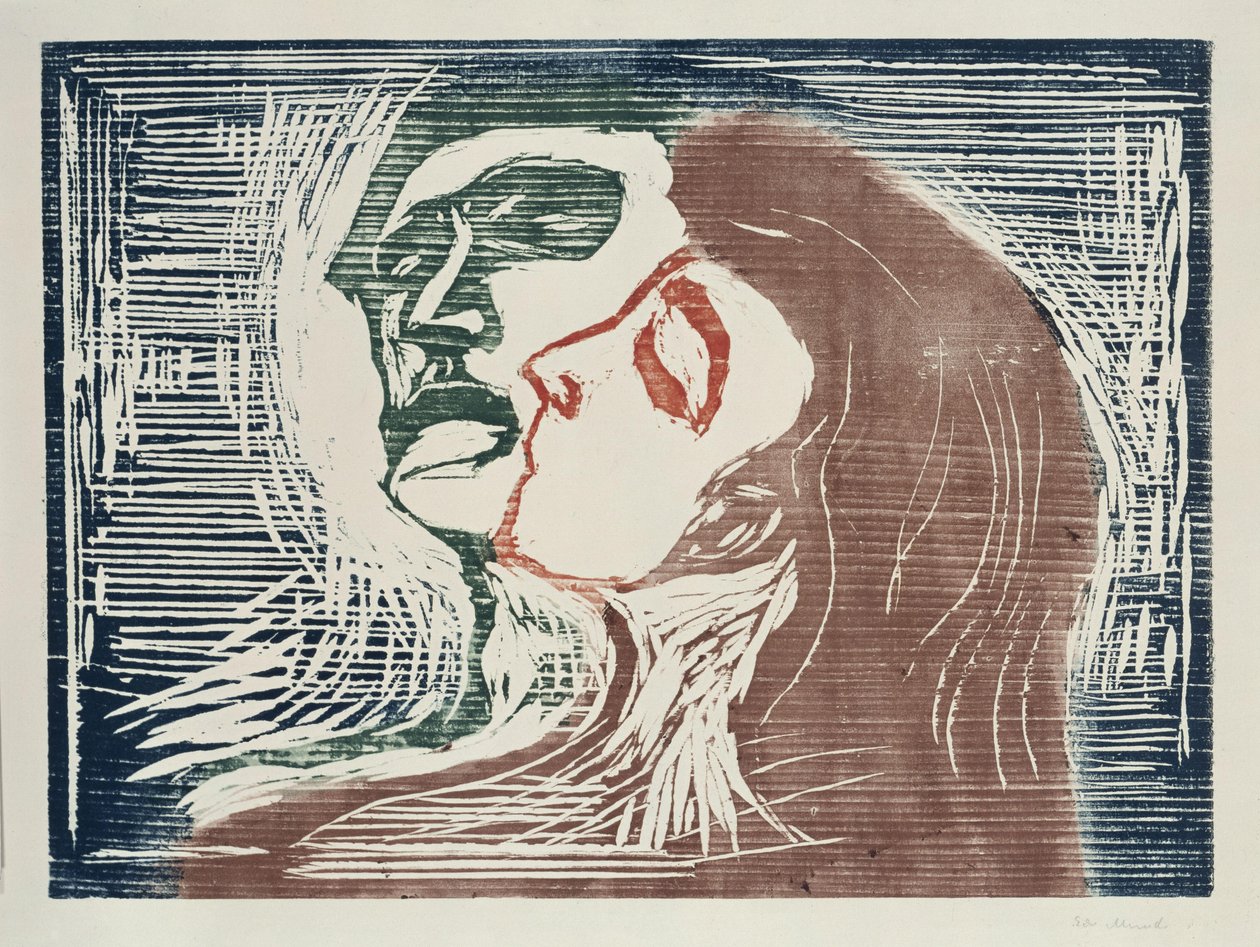 Kop aan kop (man en vrouw die elkaar kussen) door Edvard Munch