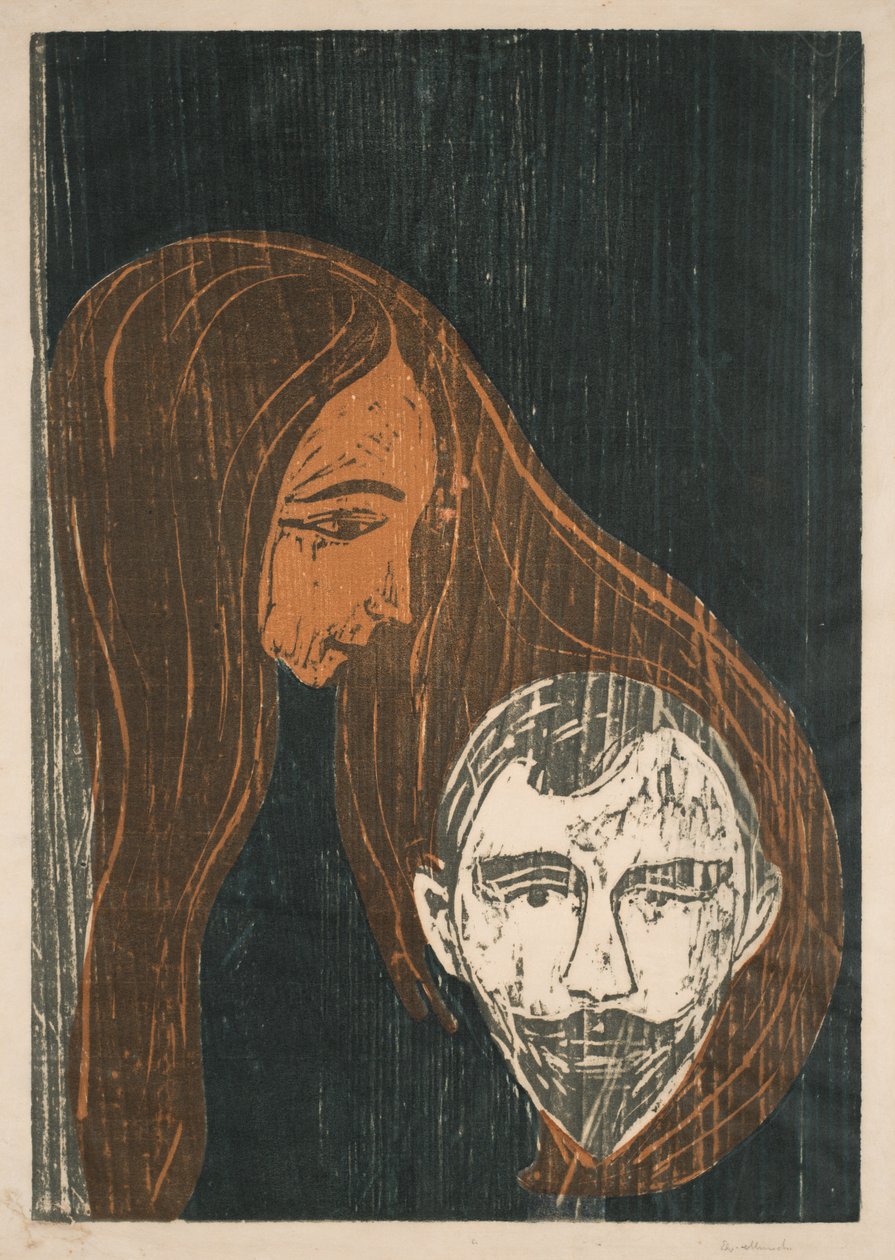 Mannenhoofd in het haar van een vrouw door Edvard Munch