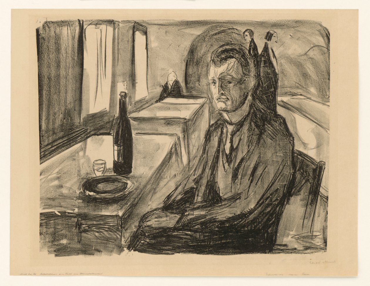 Zelfportret met wijnfles door Edvard Munch
