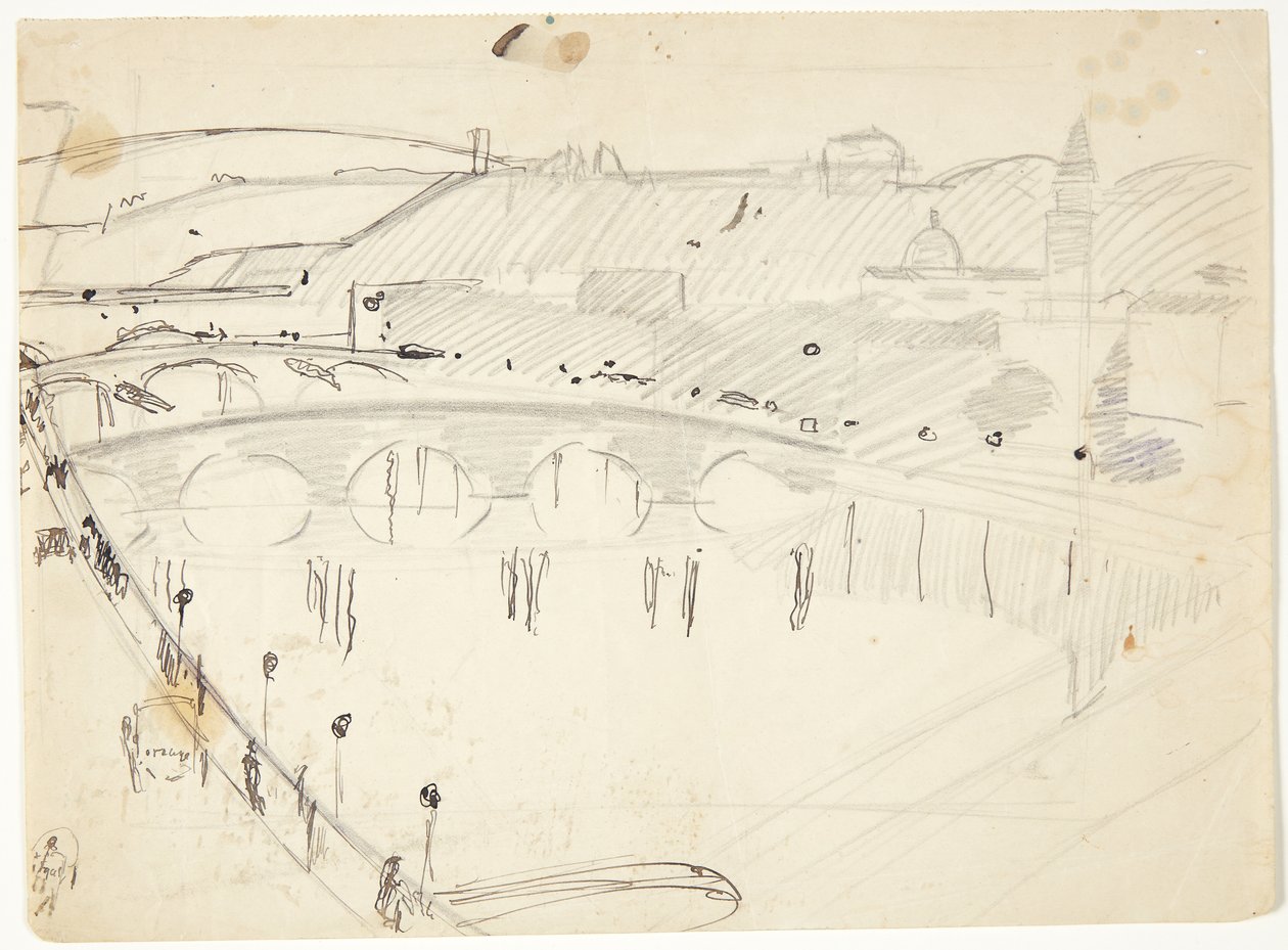 Uitzicht vanuit een raam bij Lungarno over de rivier naar Santo Spirito en San Miniatohöjderne, Florence door Edvard Weie