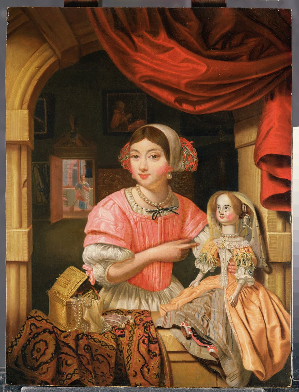 Meisje met een pop in een interieur met een dienstmeid die achteraan veegt door Edwaert Colyer or Collier