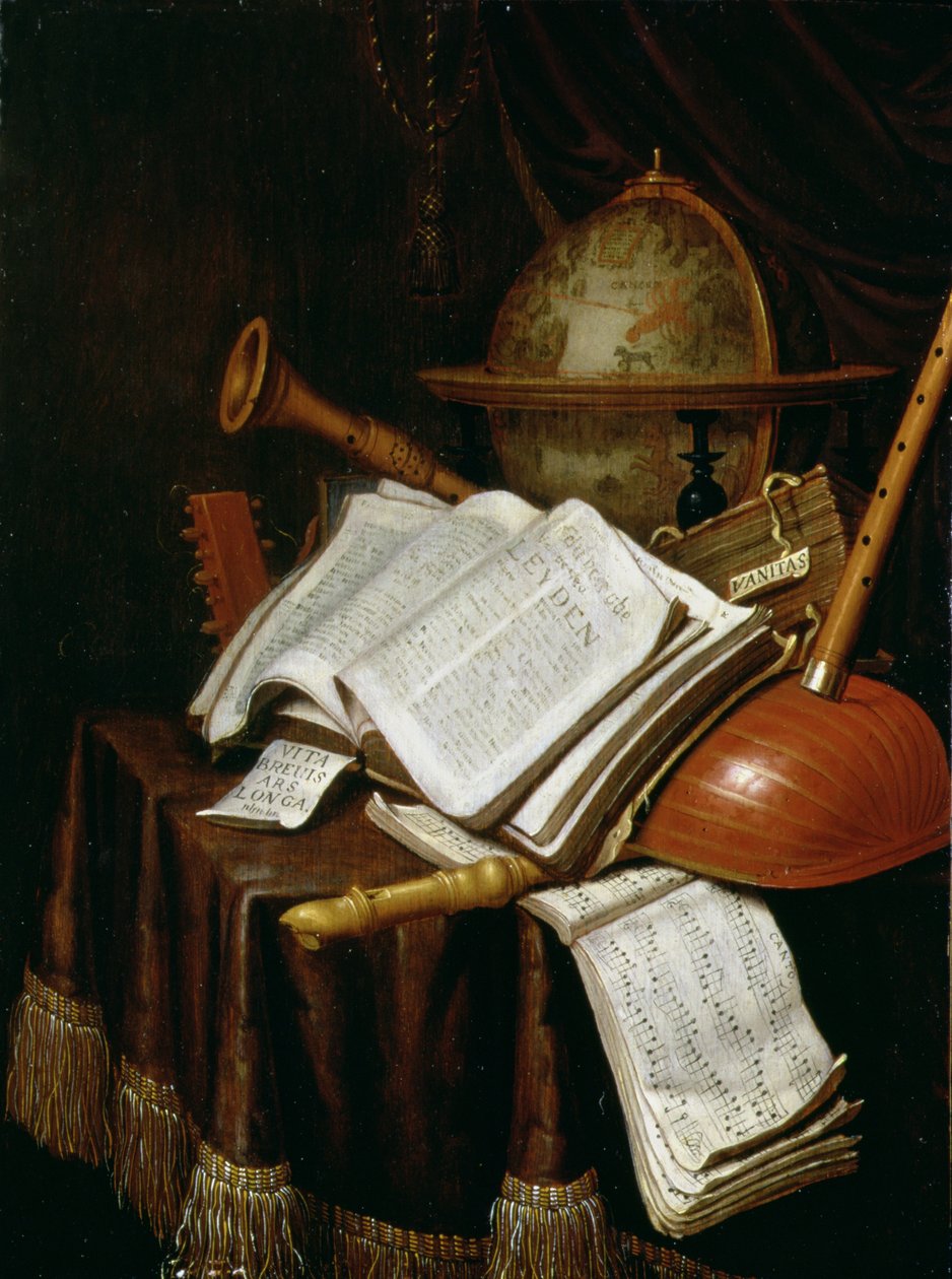 Vanitas met een wereldbol, muziekpartituren en instrumenten, 1692 door Edwaert Colyer or Collier