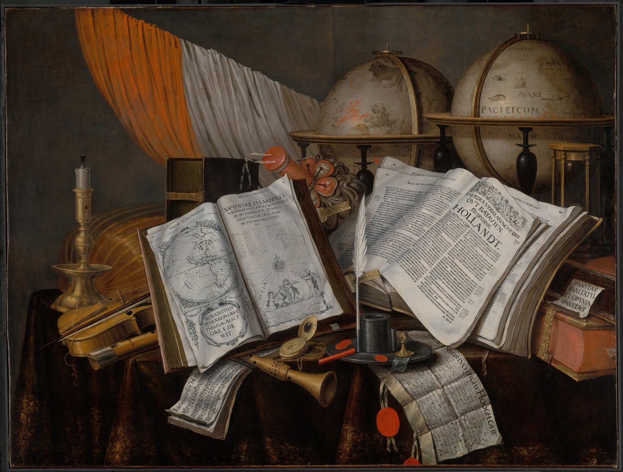 Een Vanitas Stilleven met een Vlag, Kandelaar, Muziekinstrumenten, Boeken, Schrijfbenodigdheden... door Edwaert Collier