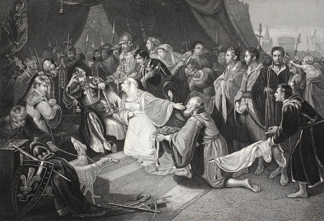 De overgave van Calais, 4 augustus 1347, gegraveerd door John Young door Edward Bird