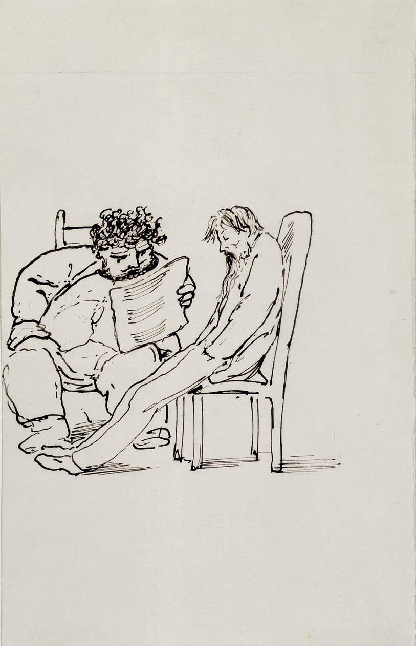 Cartoon van William Morris (1834-96) die poëzie leest aan Edward Burne-Jones (1833-98) door Edward Burne Jones