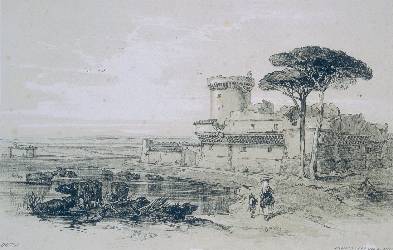Gezichten in Rome en Omgeving: Kasteel van Ostia aan de Monding van de Tiber door Edward Lear
