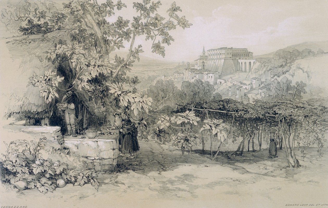 Gezichten in Rome en Omgeving: Uitzicht op Gennazzano met de Stad en het Paleis van Colonna door Edward Lear