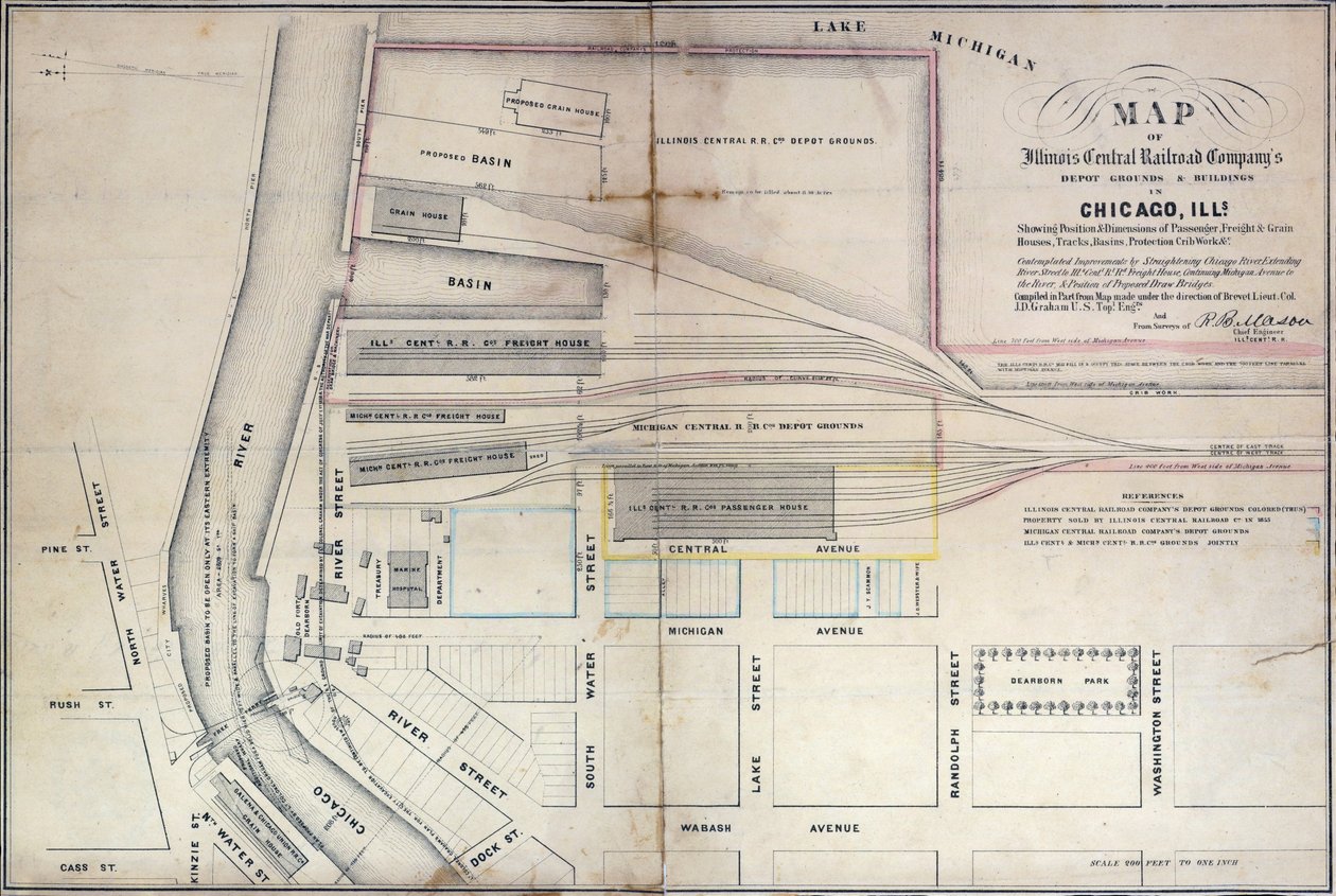 Kaart van de depotgronden en gebouwen van de Illinois Central Railroad Company in Chicago, 1855 door Edward Mendel