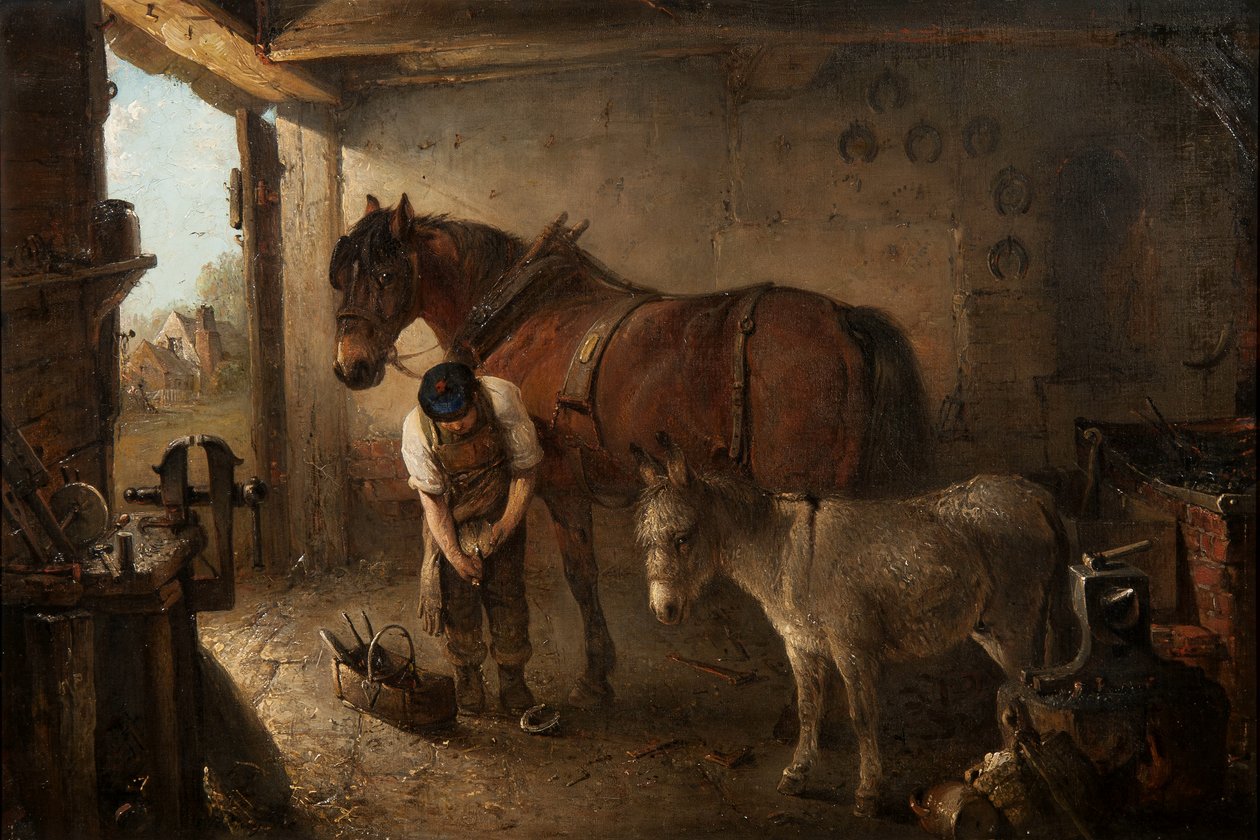 Een hoefsmid die een ploegpaard beslaat, met een ezel, in een smederij door Edward Robert Smythe