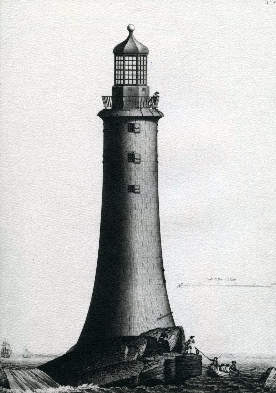 Zuidelijke elevatie van de stenen vuurtoren voltooid op de Edystone in 1759, 1763 door Edward Rooker