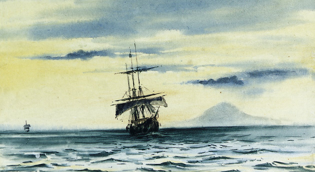 Het laatste zicht op Mount Discovery: SS. "Morning" en "Terra Nova" volgen de "Discovery" uit McMurdo Strait door Edward Adrian Wilson