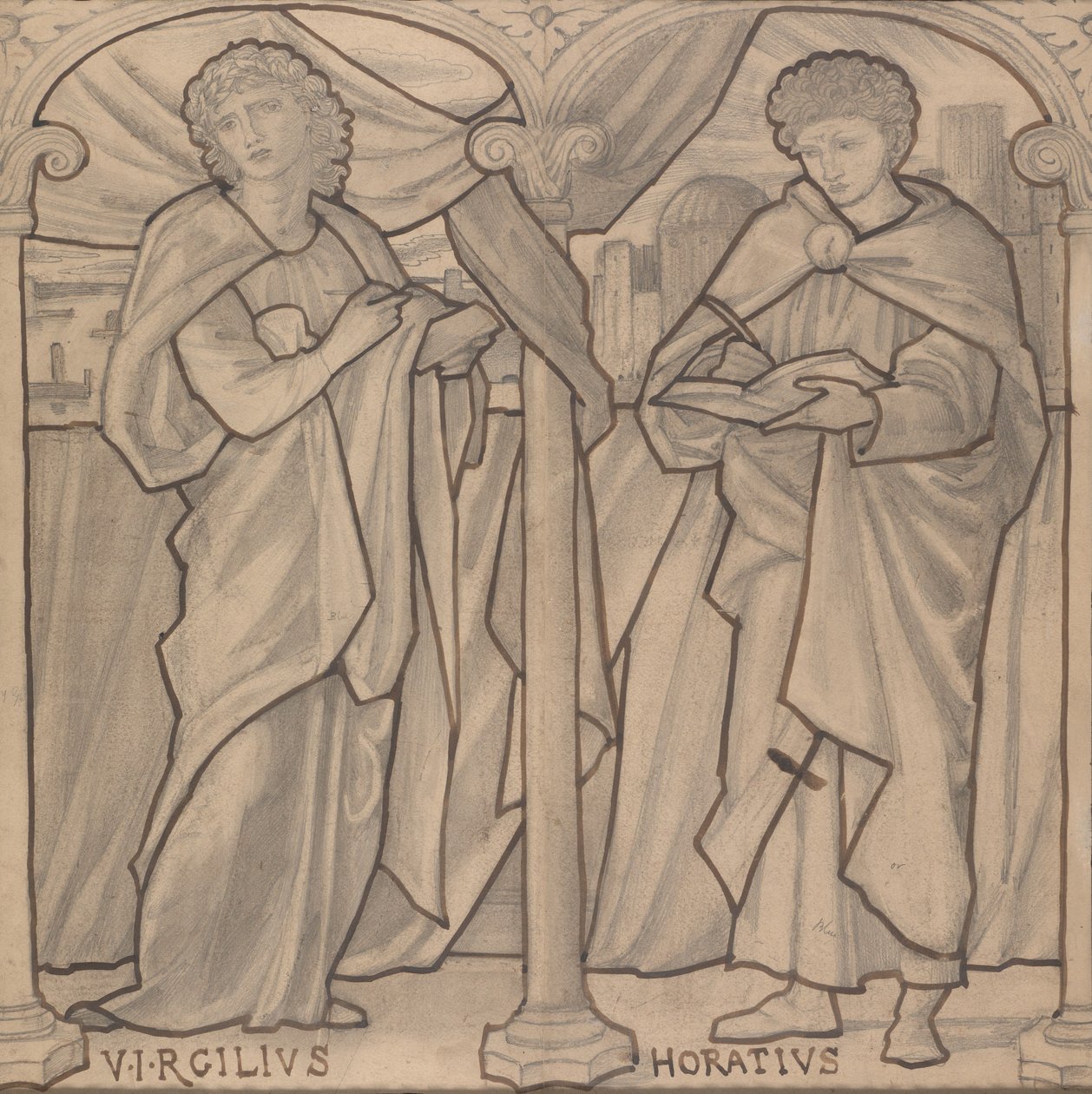 Voorbereidend ontwerp voor een glas-in-loodraam, Vergilius en Horatius door Edward Burne-Jones